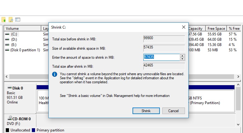 disk space for partition c drive in windows-10 
